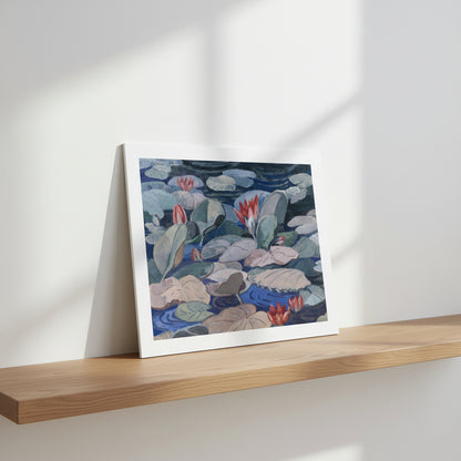 unframed Jellett water-lily print leaning against a white gallery wall on oak shelf, soft ambient shadows, high-end collector home aesthetic.
