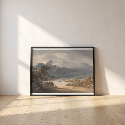 View on the Upper Lake, Killarney framed print in a black frame leaning against a white plaster wall on oak floorboards in morning light