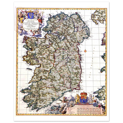 Map of Ireland by Nicolaes Visscher II, 1689, antique map with decorative cartouche, unframed print