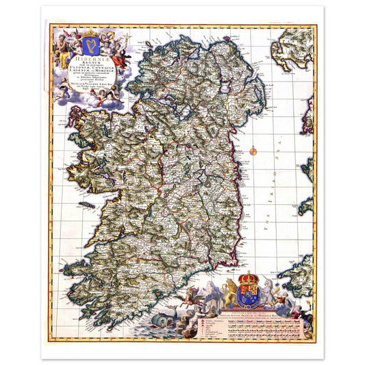 Map of Ireland by Nicolaes Visscher II, 1689, antique map with decorative cartouche, unframed print