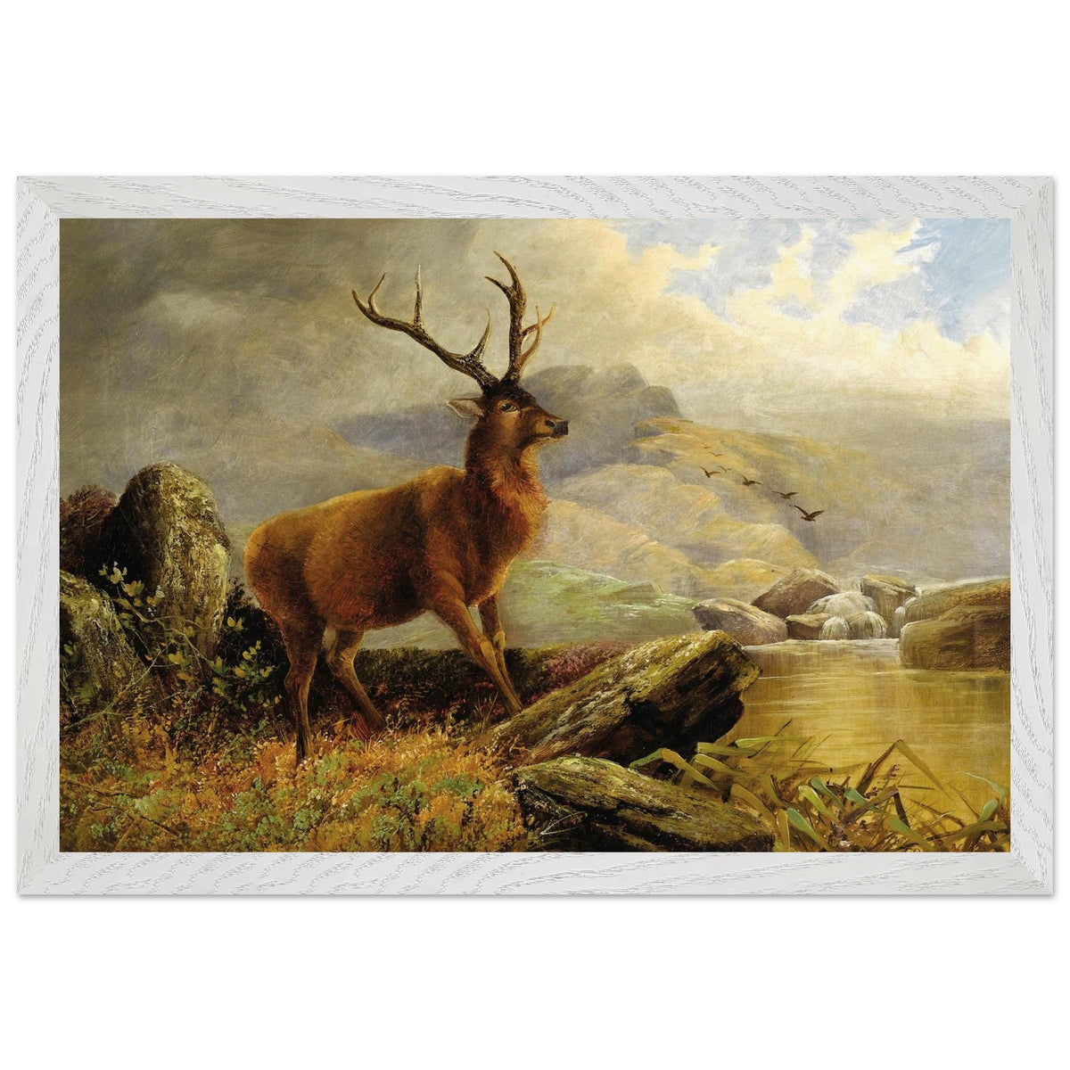 White-framed print of Stag at Mountain Stream, 19th-century Irish wildlife painting