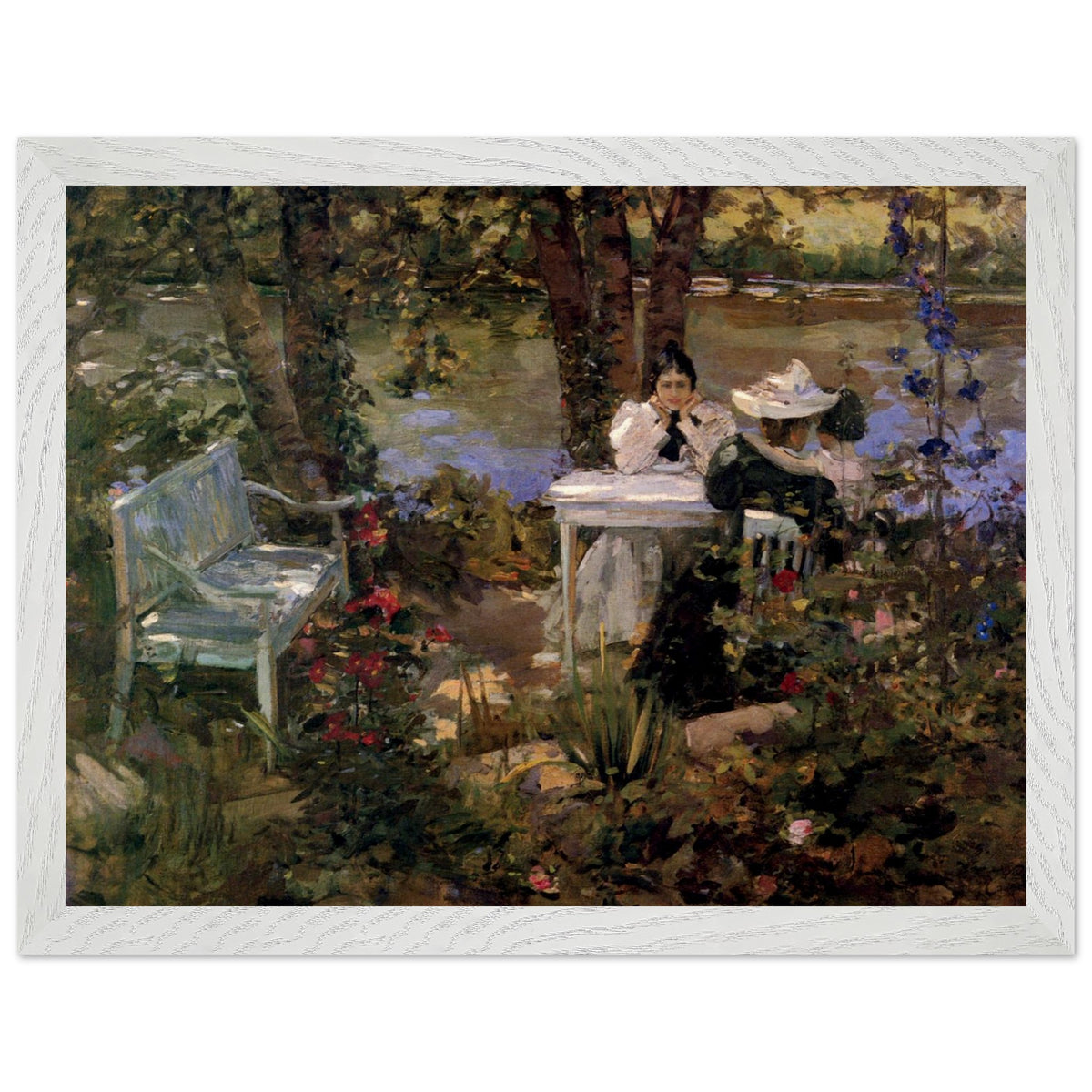 White-framed Sir John Lavery garden painting with women seated among flowers