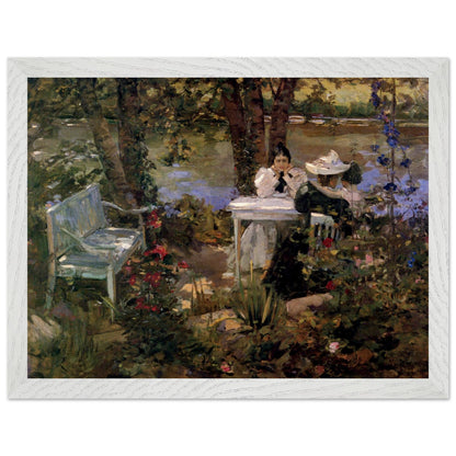 White-framed Sir John Lavery garden painting with women seated among flowers