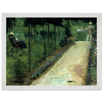 White-framed Sir John Lavery Grez-sur-Loing garden scene with deckchair and straw hat