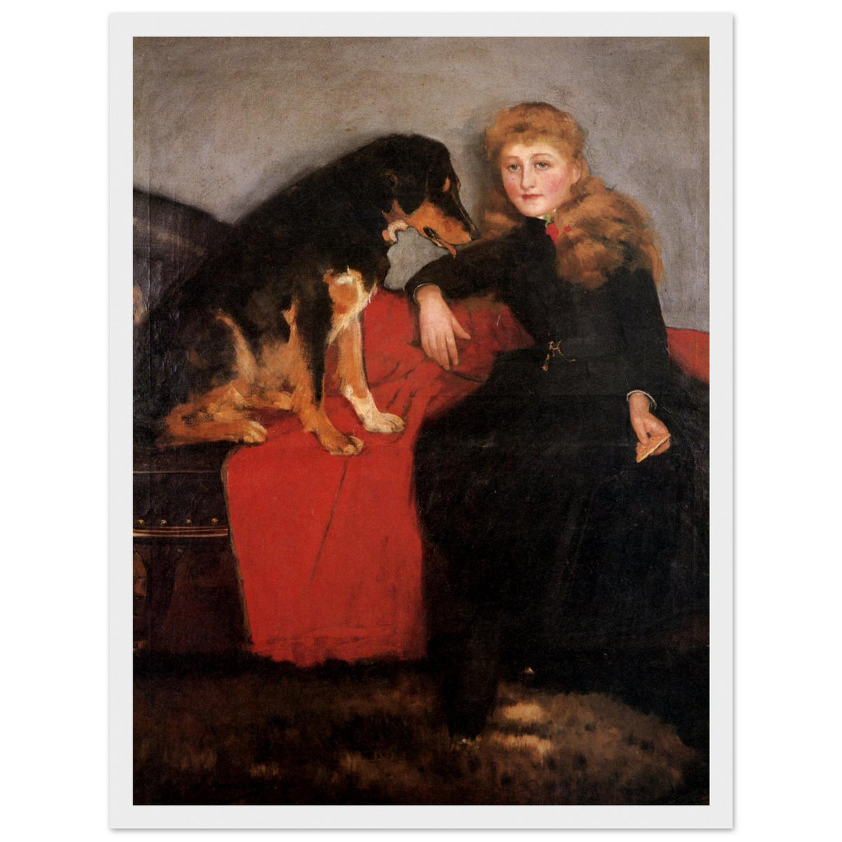 White-framed Sir John Lavery portrait of Eva Fulton with a black dog