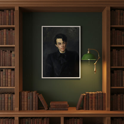Library with dark green walls and oak shelves; white-framed Yeats portrait flanked by poetry volumes and a reading lamp.