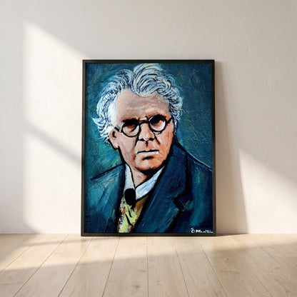 W.B. Yeats framed print in a black frame leaning against a white plaster wall on oak floorboards in morning light