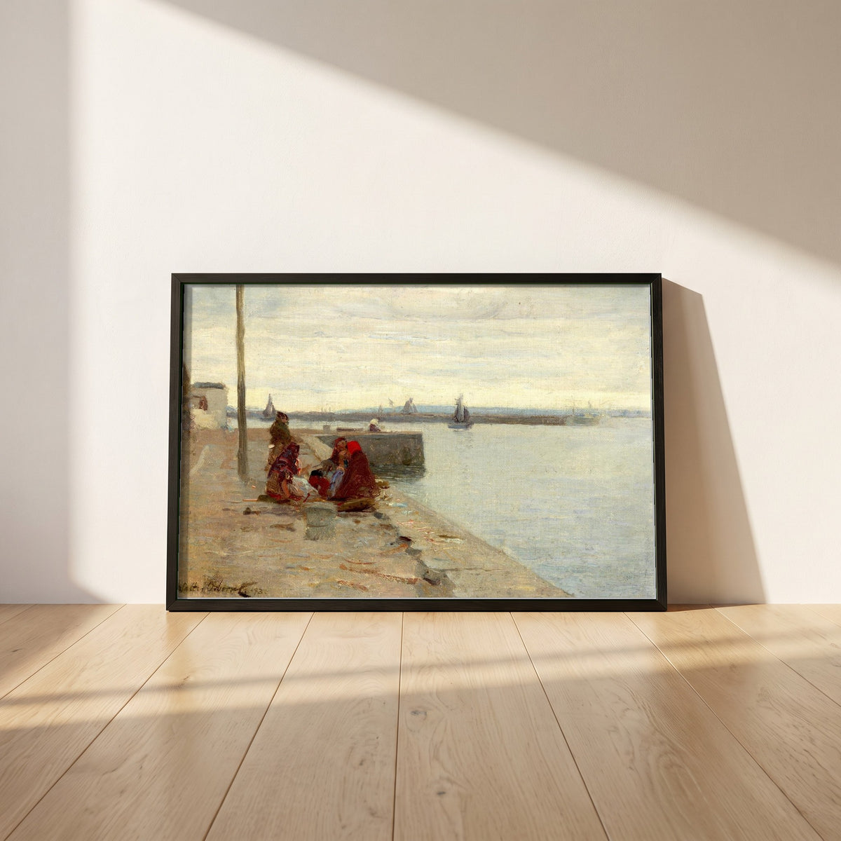 Women on a Galway Quayside framed print in a black frame leaning against a white plaster wall on oak floorboards in morning light